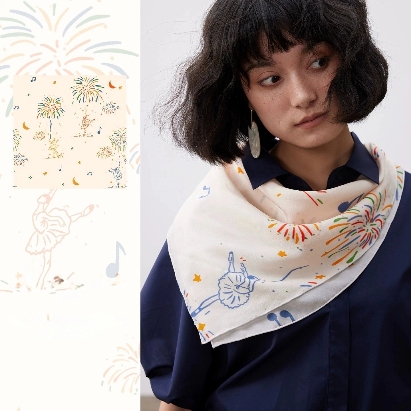 Fireworks Ballerina silk square scarf in moonlight white, showcasing a whimsical print of fireworks and ballet dancers.