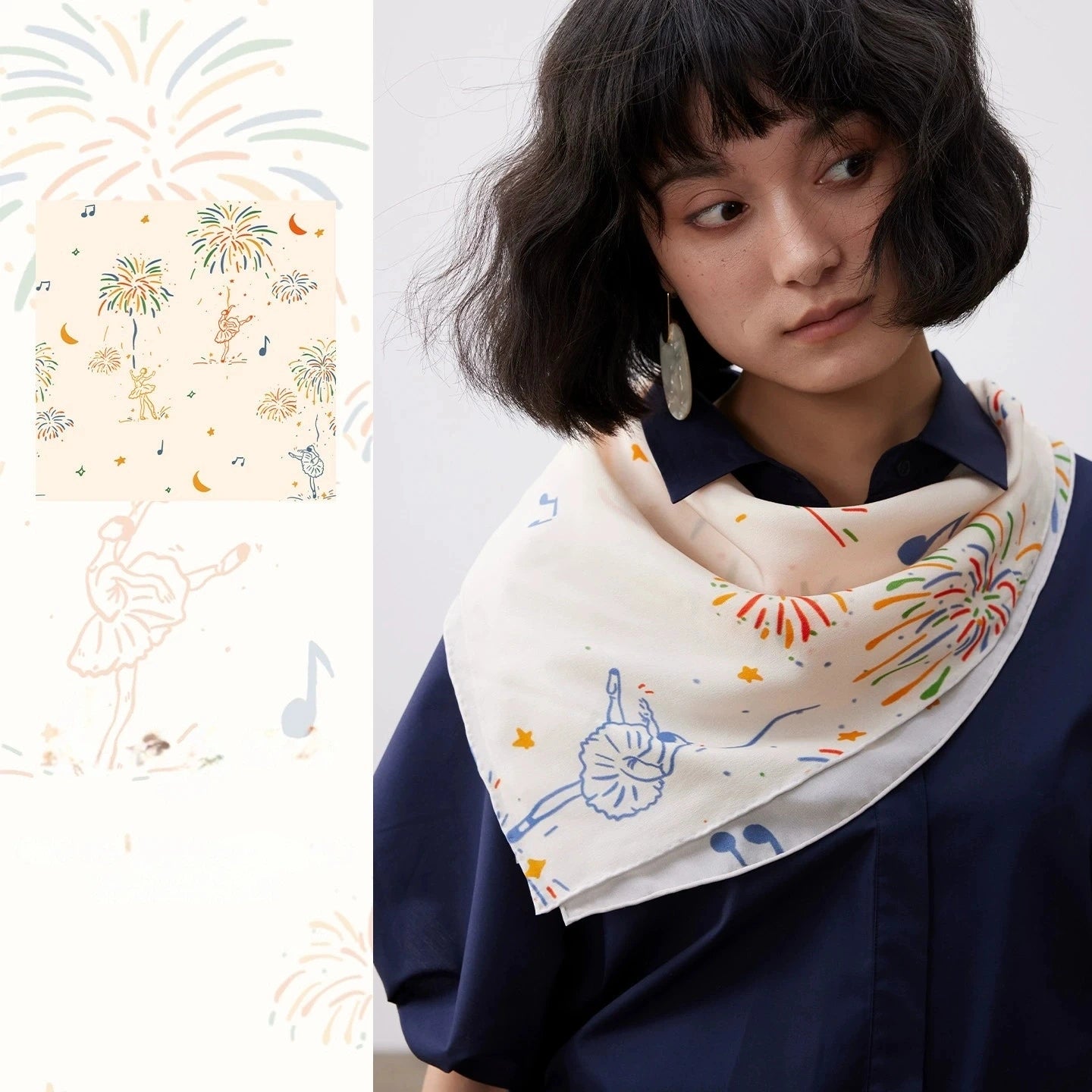 Celebration Finale fireworks ballerina silk square scarf styled around the neck with matching print detail