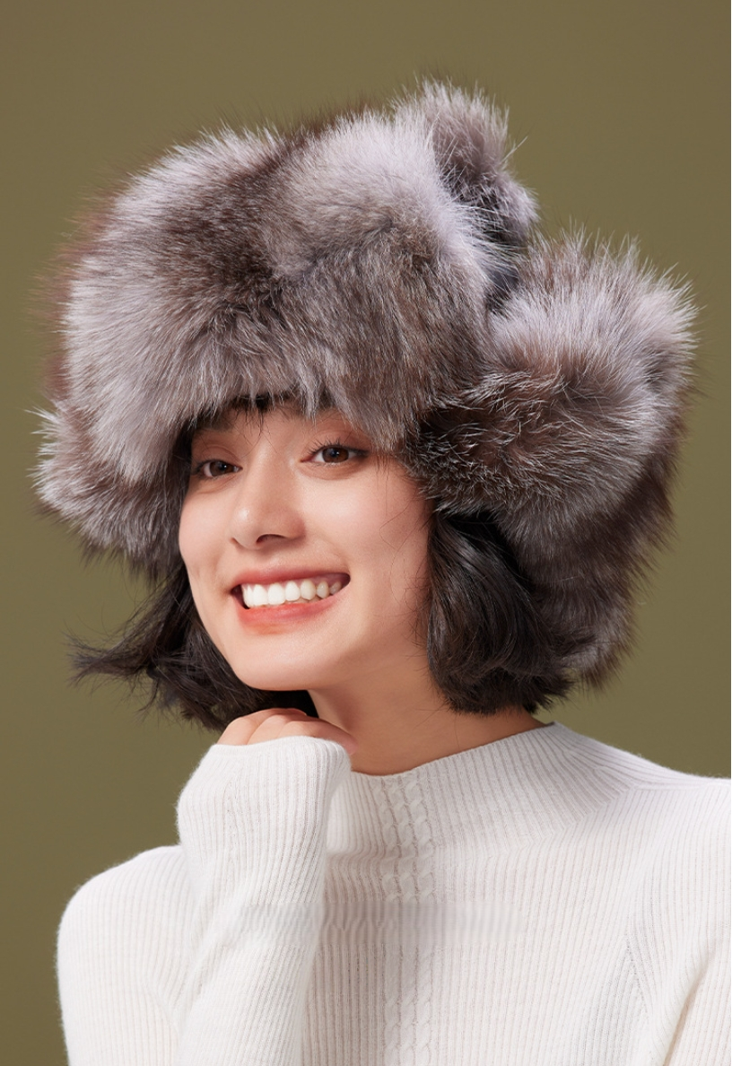 Fox Fur Winter Hat - With Ear Flaps and Pom-Pom Decorations - AOA Fashion Accessories