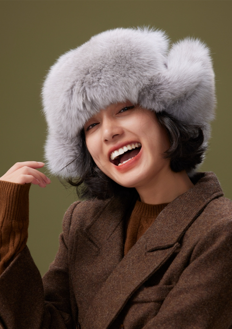 Fox Fur Winter Hat - With Ear Flaps and Pom-Pom Decorations - AOA Fashion Accessories