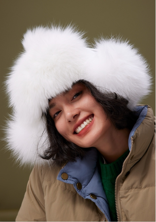 Fox Fur Winter Hat - With Ear Flaps and Pom-Pom Decorations - AOA Fashion Accessories