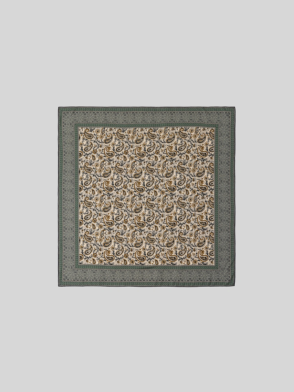 Silk Wool Square Scarf – Vintage Paisley Design | Green, 130*130cm, full flat view, displaying rich paisley print, ideal for elegant styling.