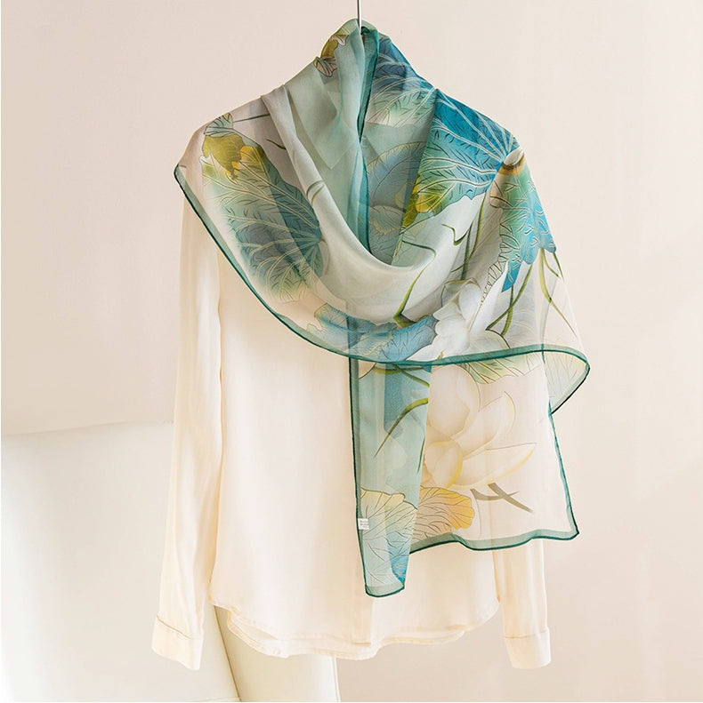 Long Silk Scarf -  Elegant Lotus Pattern Scarves - AOA Fashion Accessories