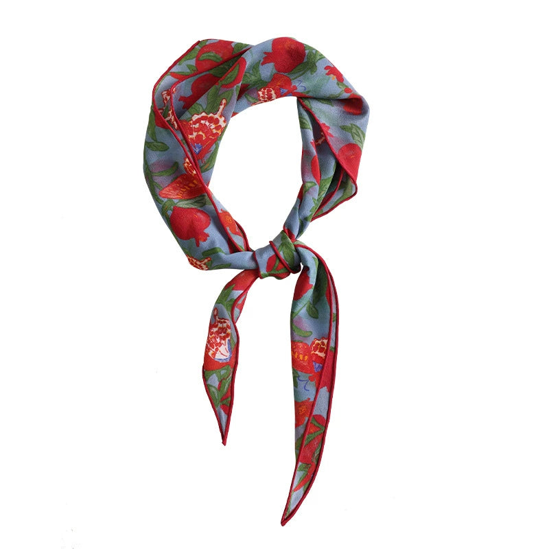 Lupine blue triangle silk scarf with pomegranate butterfly print on white background