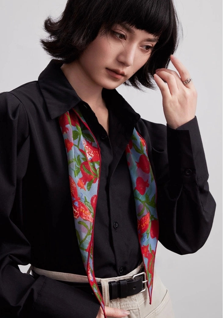 Lupine blue pomegranate butterfly silk scarf styled with a black blouse