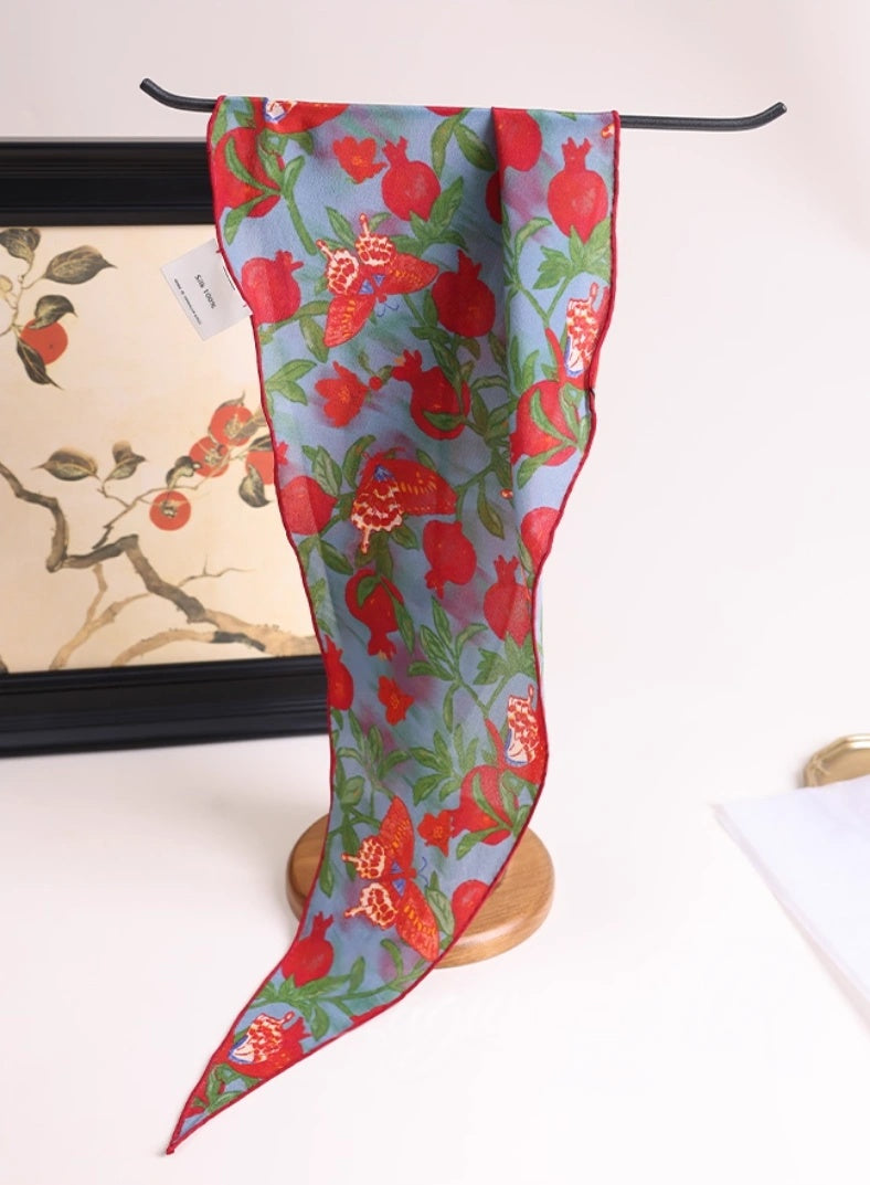 Triangle Silk Scarf - Pomegranate Butterfly Print | Multiple Colors