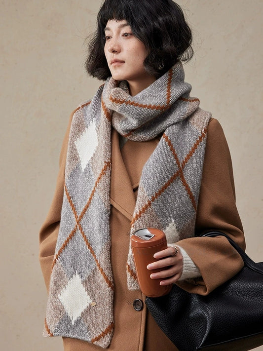 Geometric Wool Knit Scarf – 100% Wool Winter Classic for Men & Women