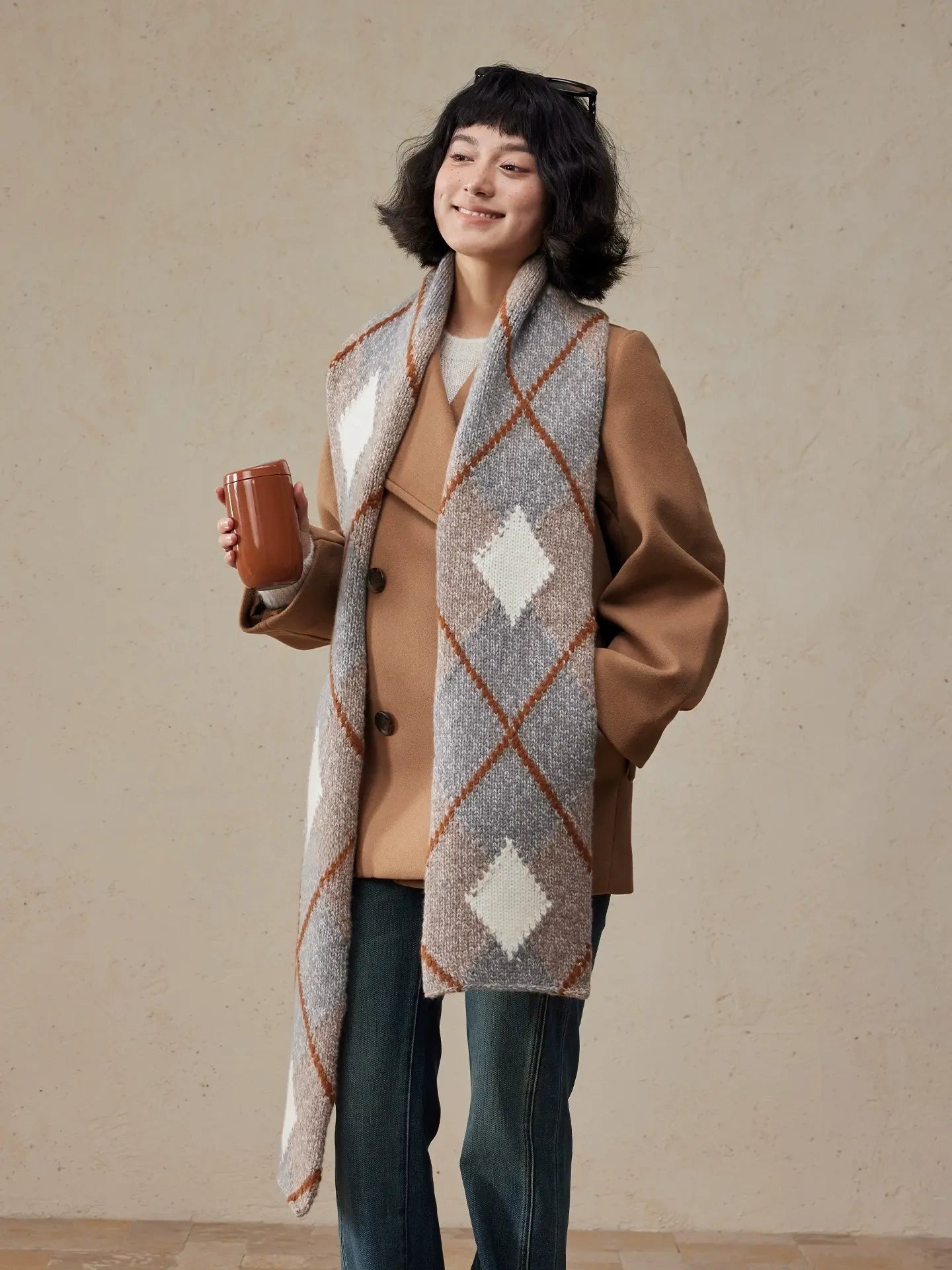 Geometric Wool Knit Scarf – 100% Wool Winter Classic for Men & Women