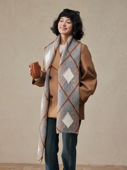 Geometric Wool Knit Scarf – 100% Wool Winter Classic for Men & Women