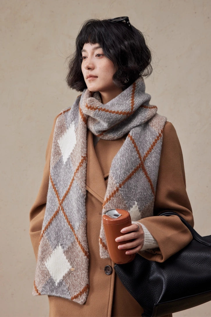 Geometric Wool Knit Scarf – 100% Wool Winter Classic for Men & Women