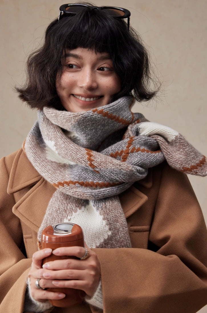 Geometric Wool Knit Scarf – 100% Wool Winter Classic for Men & Women