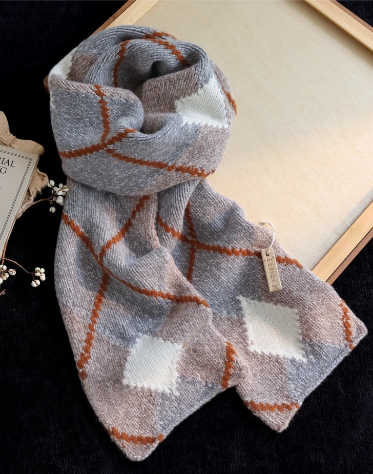 Geometric Wool Knit Scarf – 100% Wool Winter Classic for Men & Women