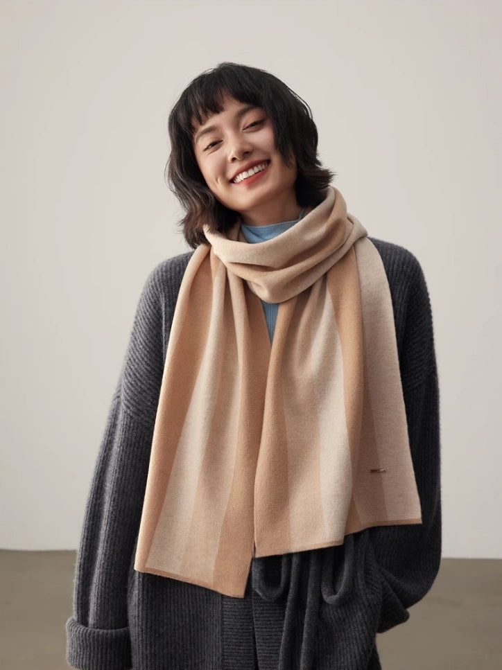 Merino Wool Scarf with Contrast Stripe – Sakura Pink & Cherry Red