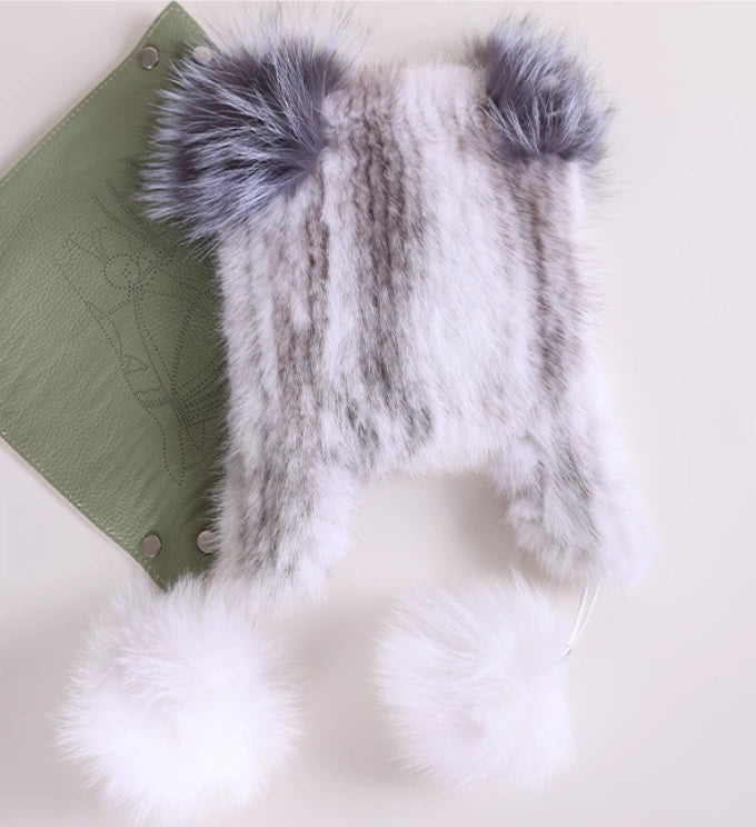Mink Fur Knitted Hat with Fox Fur Pom Poms | Multiple Colors
