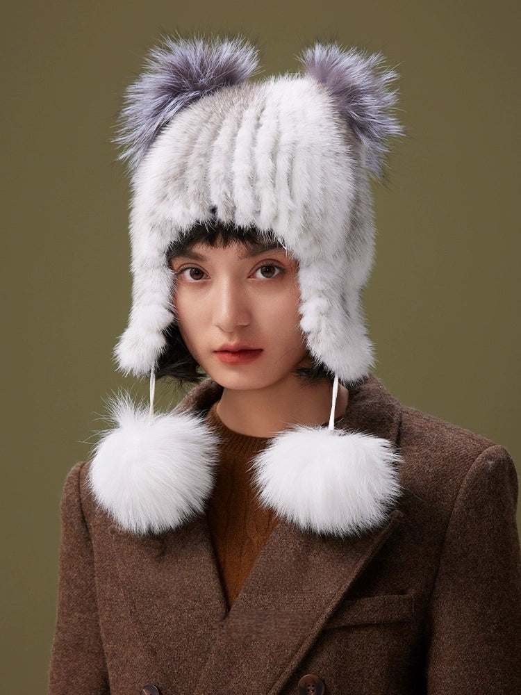 Mink Fur Knitted Hat with Fox Fur Pom Poms | Multiple Colors