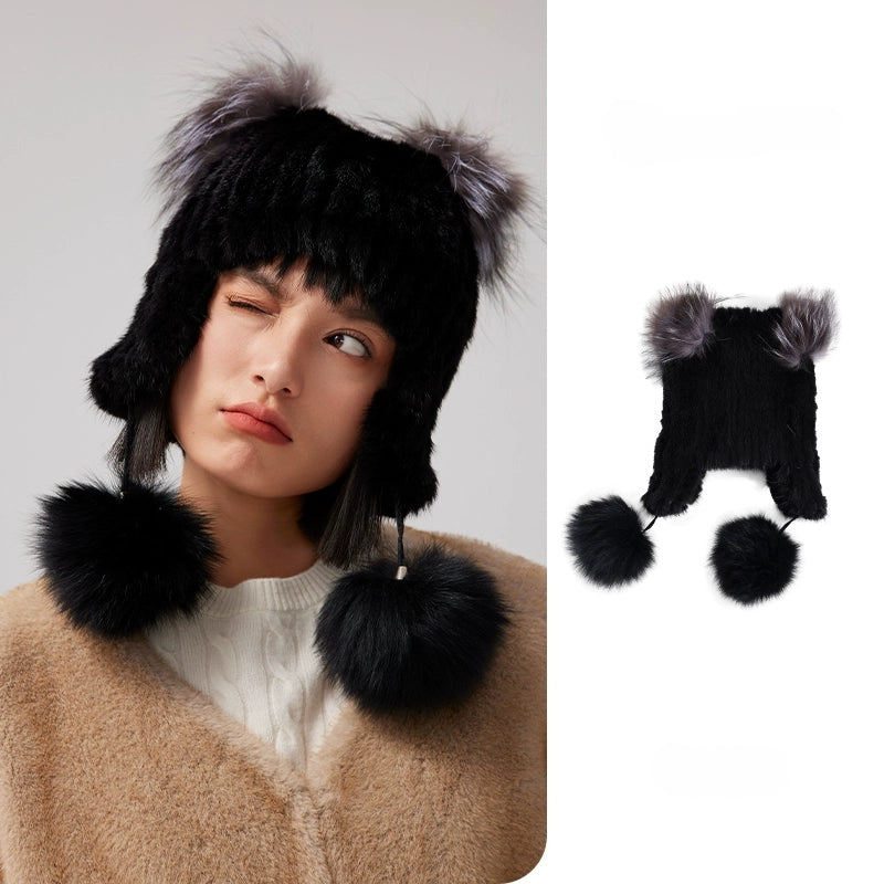 Mink Fur Knitted Hat with Fox Fur Pom Poms | Multiple Colors