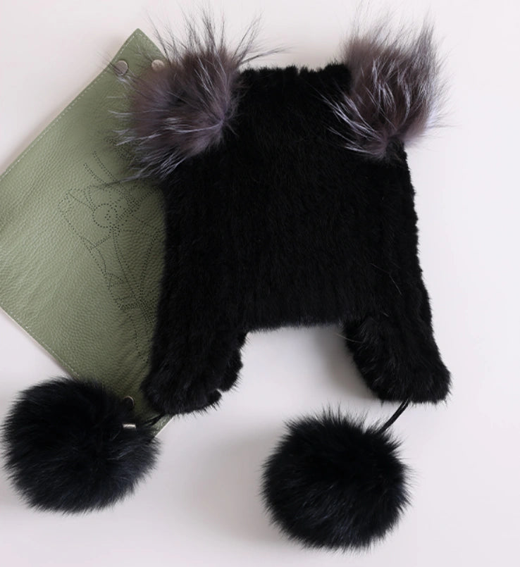 Mink Fur Knitted Hat with Fox Fur Pom Poms | Multiple Colors