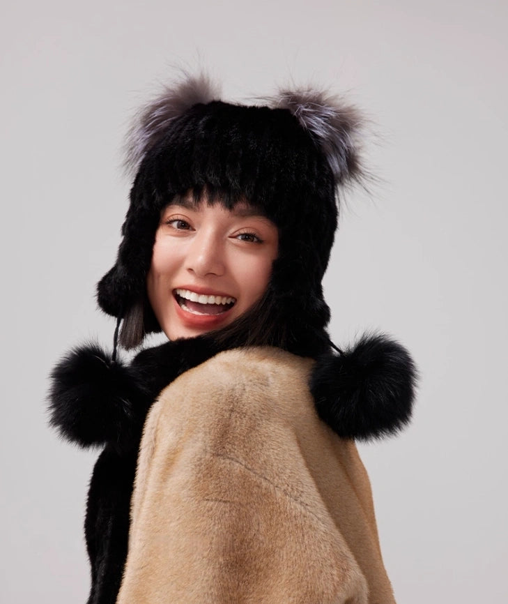 Mink Fur Knitted Hat with Fox Fur Pom Poms | Multiple Colors