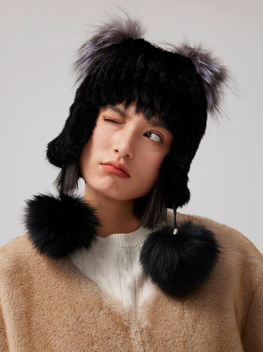 Mink Fur Knitted Hat with Fox Fur Pom Poms | Multiple Colors