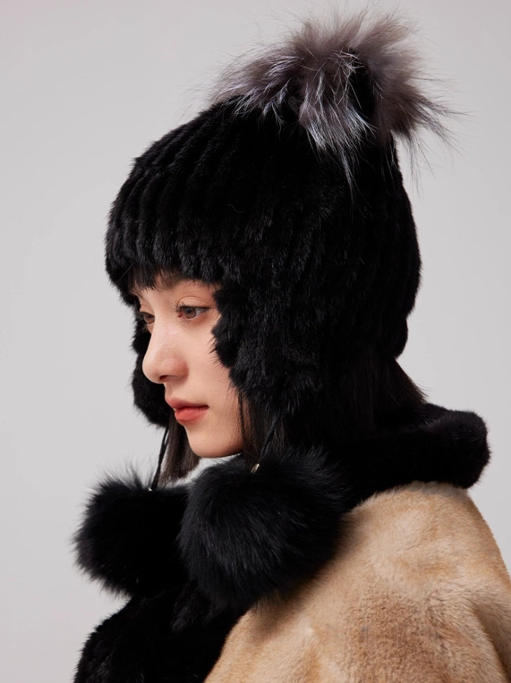 Mink Fur Knitted Hat with Fox Fur Pom Poms | Multiple Colors
