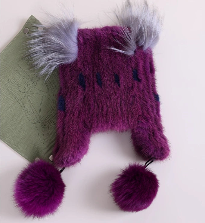 Mink Fur Knitted Hat with Fox Fur Pom Poms | Multiple Colors