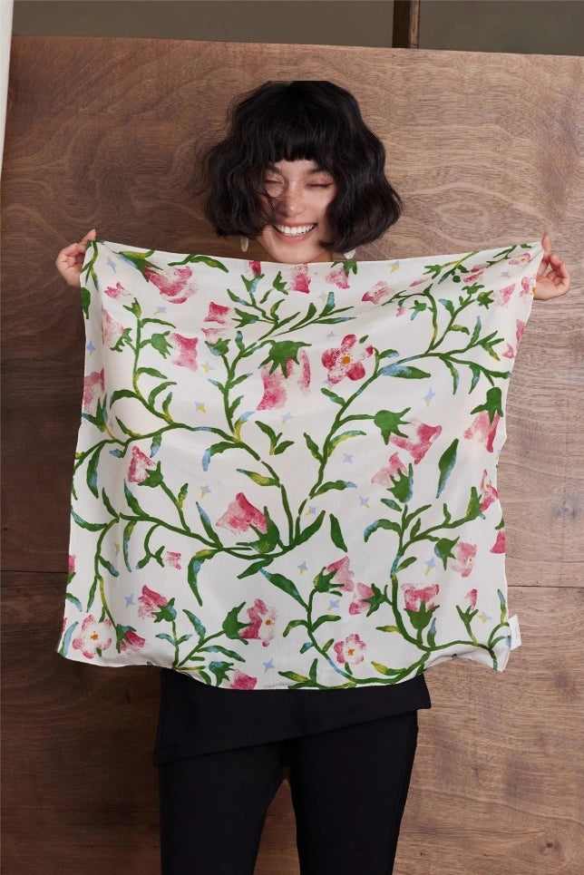 Moonlight White silk square scarf with morning glory floral print, 100% mulberry silk, displayed flat to highlight its elegant design.