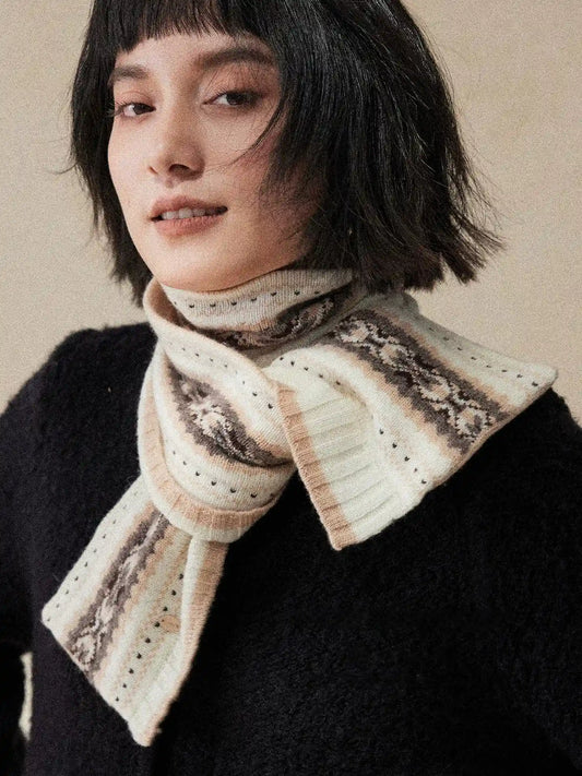 100% Wool Knit Scarf for Women – Oatmeal Beige Accordion Texture Winter Scarf