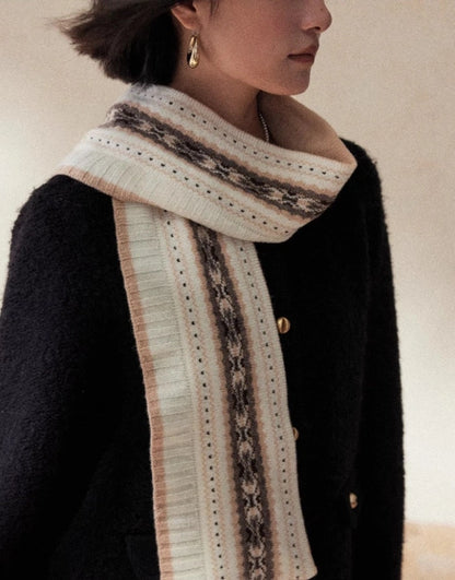 100% Wool Knit Scarf for Women – Oatmeal Beige Accordion Texture Winter Scarf