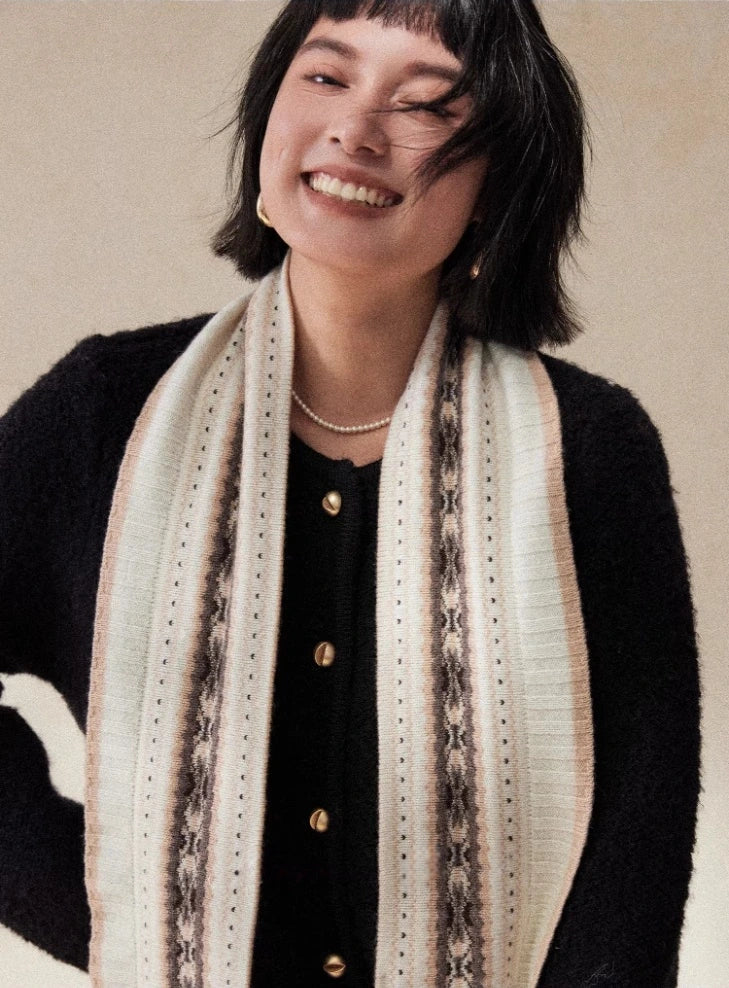 100% Wool Knit Scarf for Women – Oatmeal Beige Accordion Texture Winter Scarf