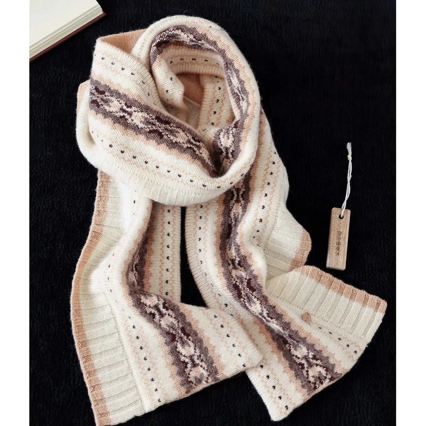 100% Wool Knit Scarf for Women – Oatmeal Beige Accordion Texture Winter Scarf