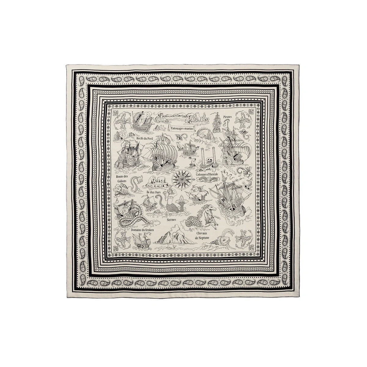 Silk Wool Square Scarf - Nautical Fantasy Print | Off-White，featuring ships, sea creatures, and a red paisley border on a beige background.