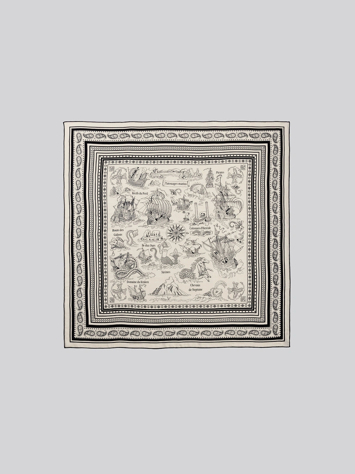 Silk Wool Square Scarf - Nautical Fantasy Print | Off-White, flat lay with ships, sea monsters, and a red paisley border.