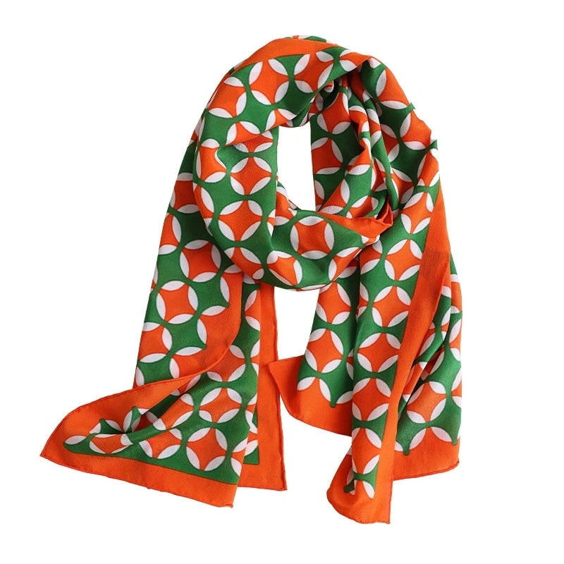 Long Silk Scarf - Orange & Green Geometric Pattern - AOA Fashion Accessories