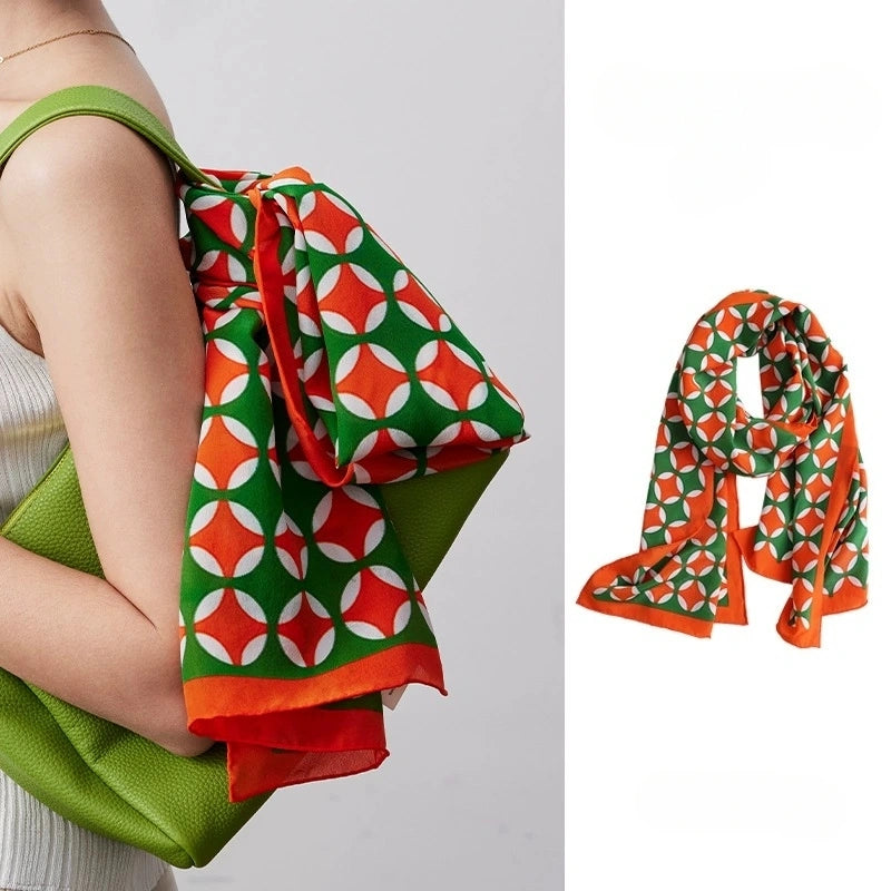 Long Silk Scarf - Orange & Green Geometric Pattern - AOA Fashion Accessories
