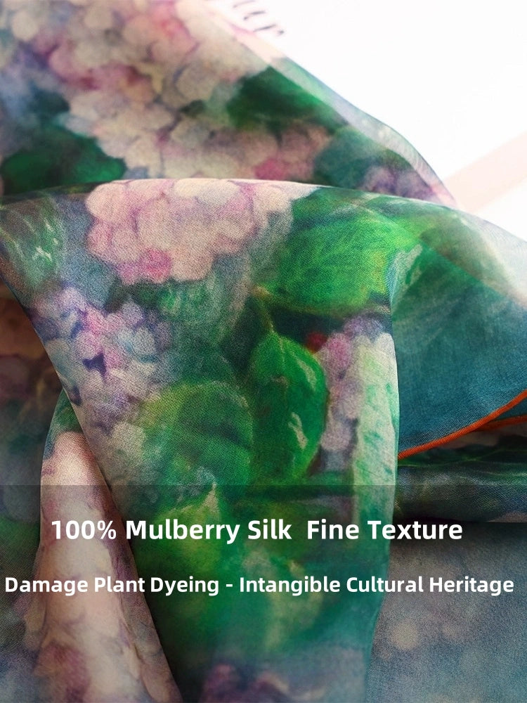 Close-up of plant-dyed floral silk scarf highlighting mulberry silk texture