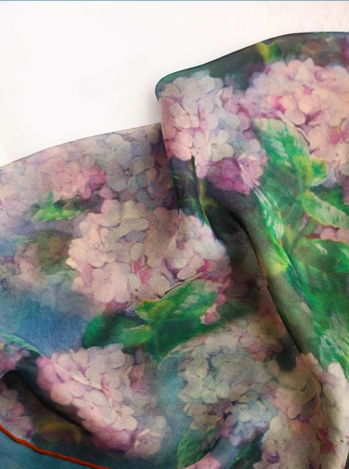 Plant-dyed floral mulberry silk scarf with damask dyeing texture and floral pattern