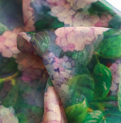 Plant-dyed floral silk square scarf showing sheer fabric and hand-finished edges