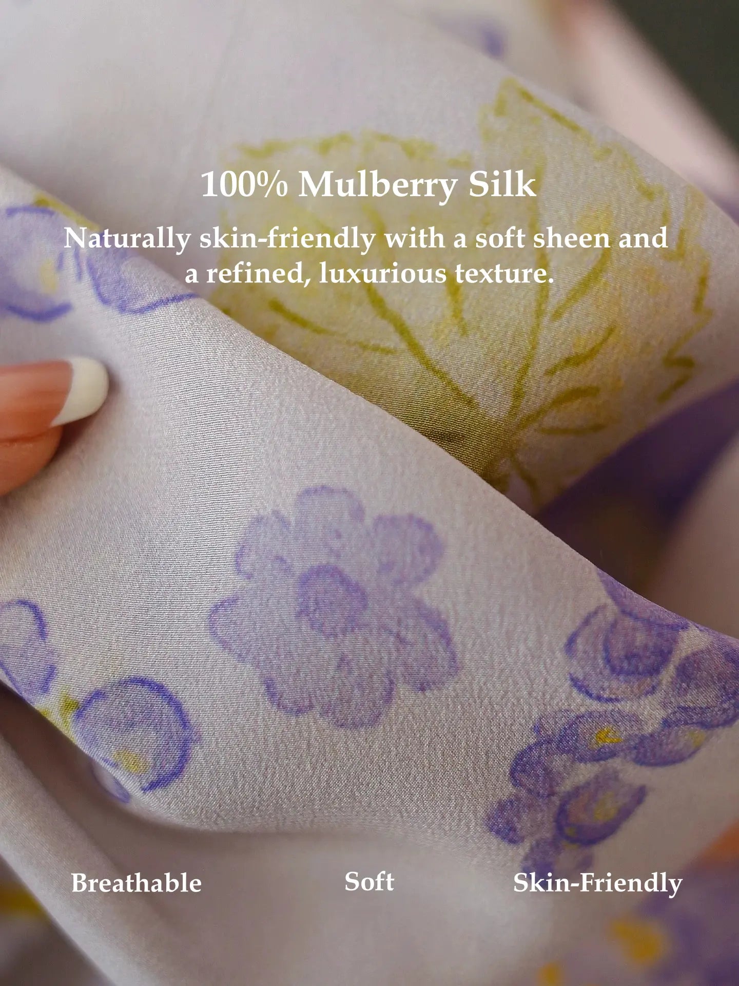 Close-up of 100% mulberry silk scarf highlighting breathable soft and skin-friendly texture