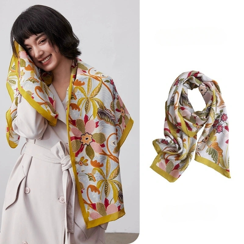 Elegant Long Silk Scarf – Rainforest Floral Design - AOA Fashion Accessories