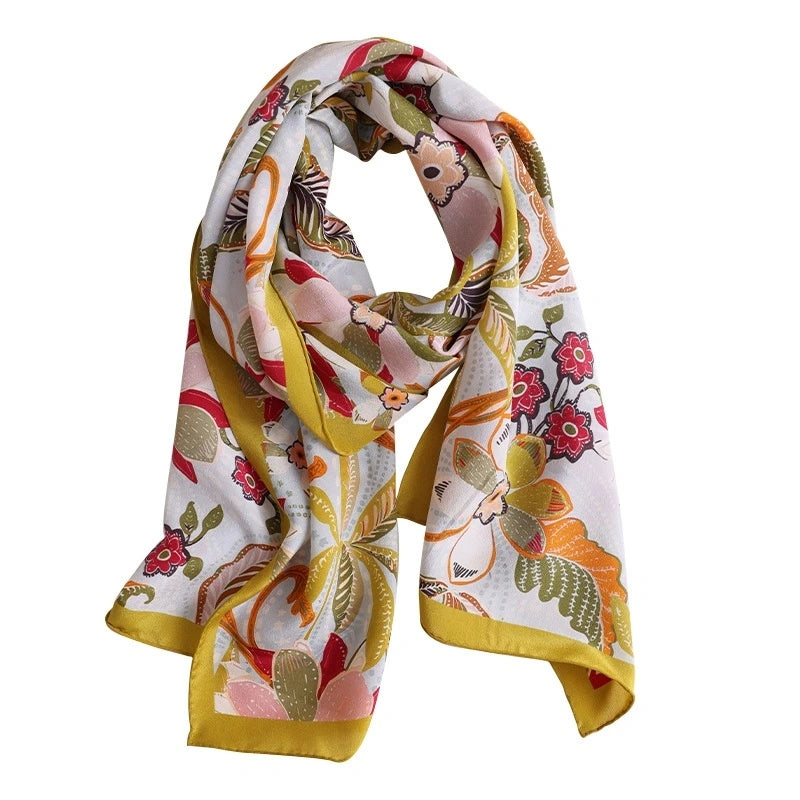 Elegant Long Silk Scarf – Rainforest Floral Design - AOA Fashion Accessories