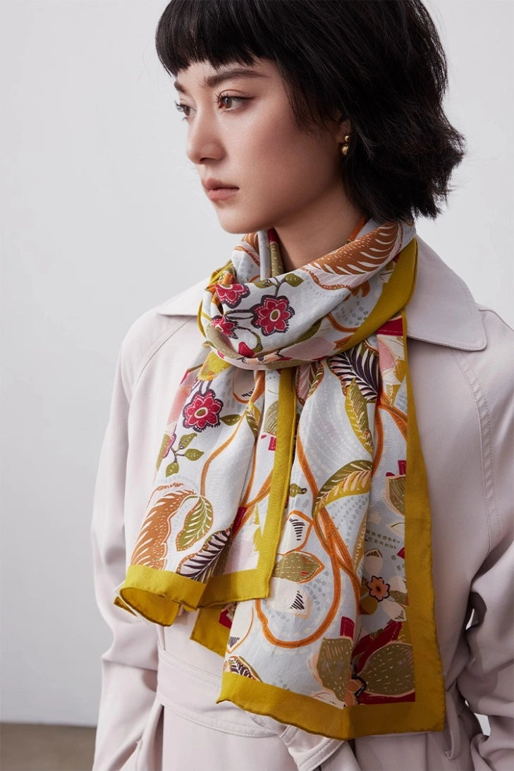 Elegant Long Silk Scarf – Rainforest Floral Design - AOA Fashion Accessories