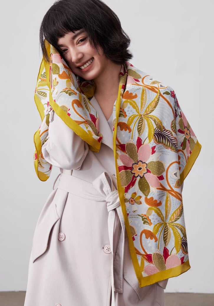 Elegant Long Silk Scarf – Rainforest Floral Design - AOA Fashion Accessories