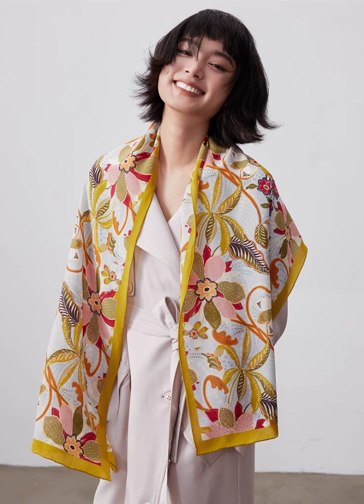 Elegant Long Silk Scarf – Rainforest Floral Design - AOA Fashion Accessories