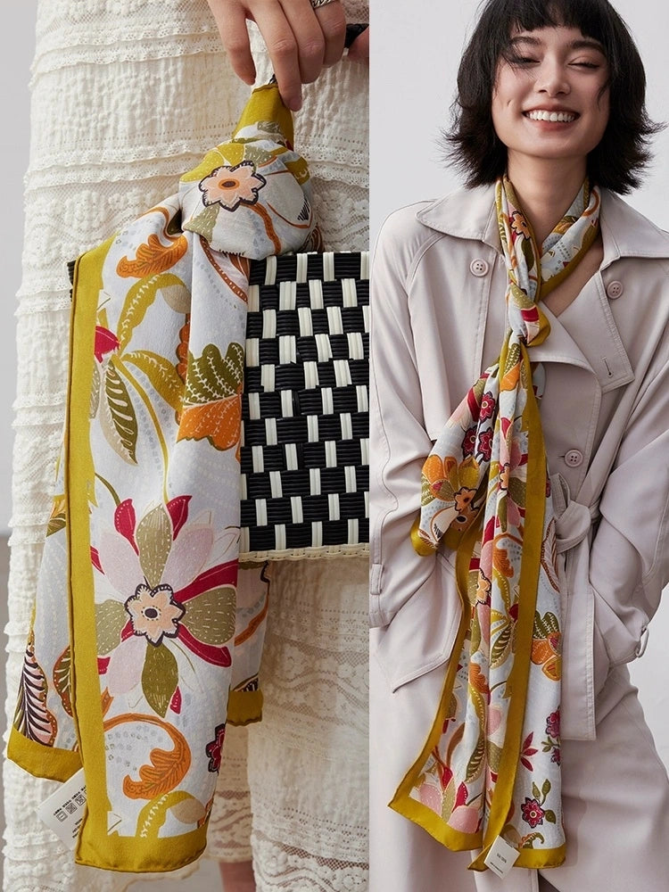 Elegant Long Silk Scarf – Rainforest Floral Design - AOA Fashion Accessories