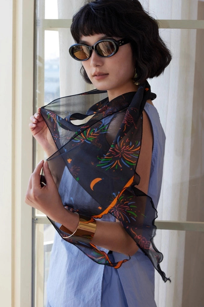 Lightweight Georgette Skinny Silk Scarf – Fireworks Print | Multiple Colors
