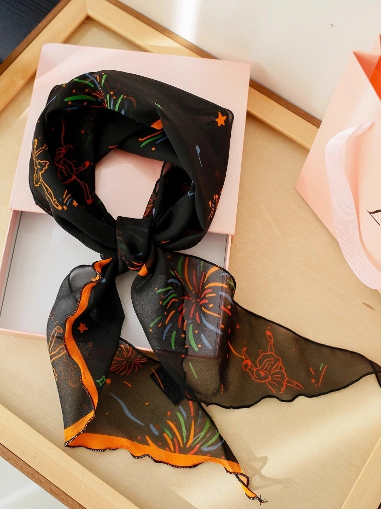 Lightweight Georgette Skinny Silk Scarf – Fireworks Print | Multiple Colors