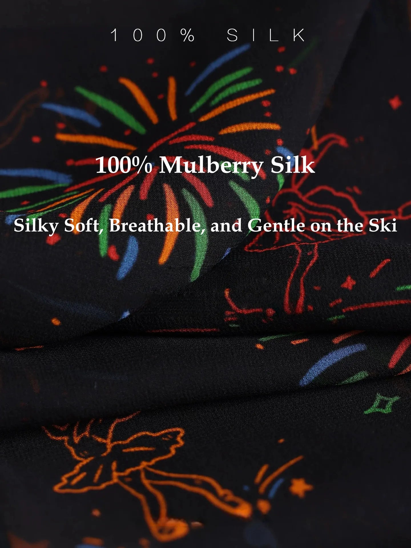 Close-up of black fireworks skinny silk scarf made from 100% mulberry silk with soft breathable georgette texture