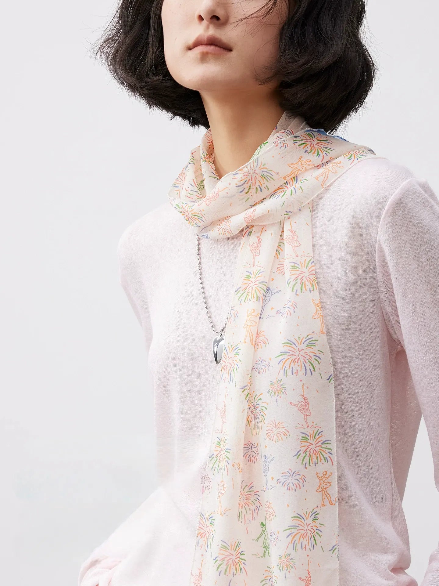 White fireworks skinny silk scarf styled as a soft georgette neck scarf for women