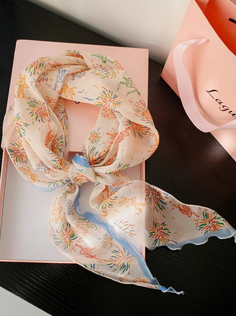 Lightweight Georgette Skinny Silk Scarf – Fireworks Print | Multiple Colors