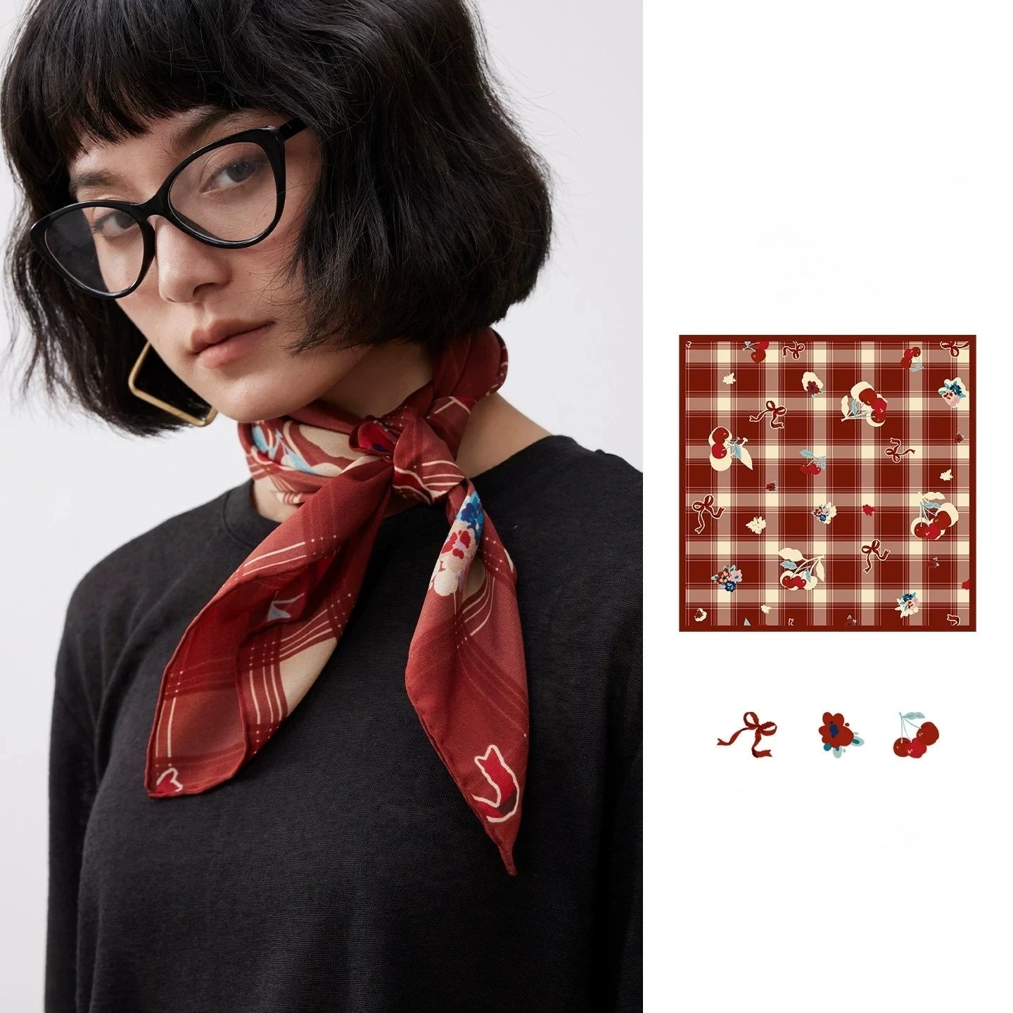 Vintage cherry plaid silk square scarf in burgundy 100% mulberry silk, styled as a neck scarf with product detail view